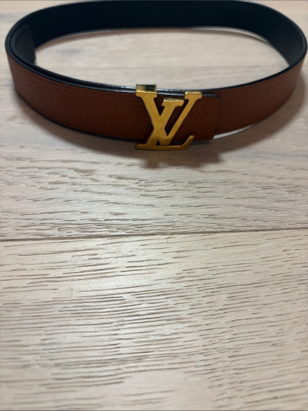 Louis Vuitton Tan or Black Reversible Leather Belt with Gold LV Buckle